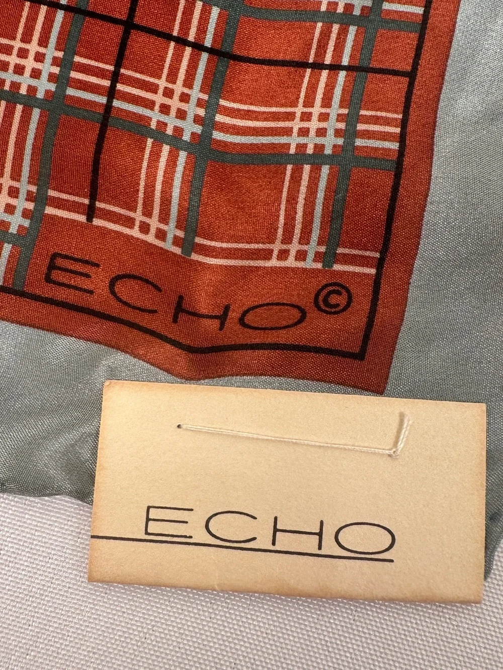 Echo Vintage NWT Plaid 100% Silk Scarf Japan Rust/Sage